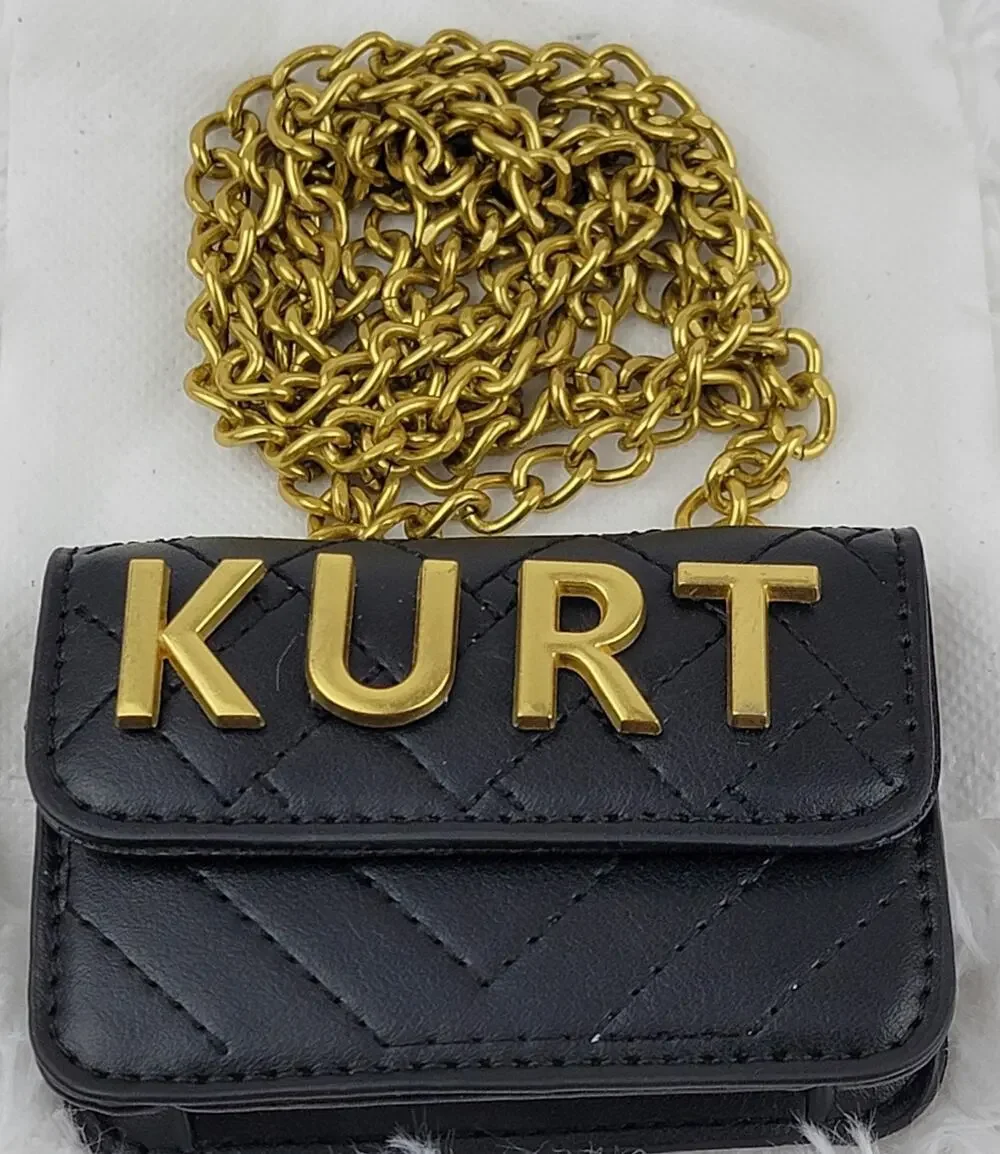 Designer Micro Mini Purse Black Quilted Brass Spell Out Crossbody Chain Bag New